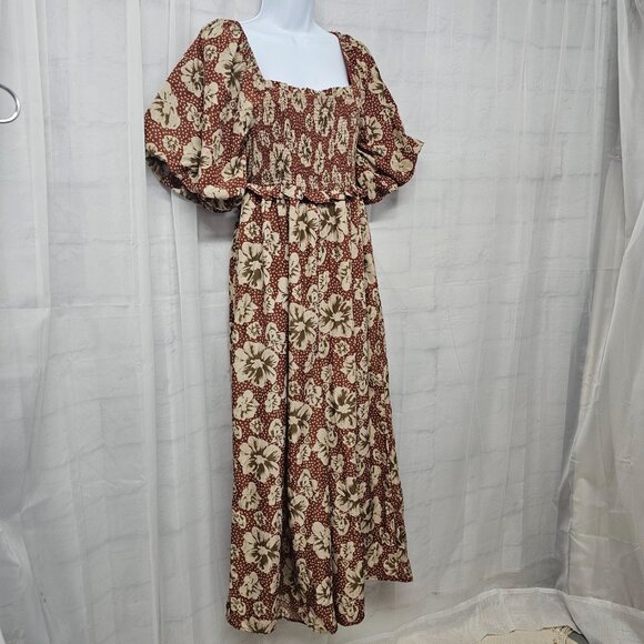 Entro Jumpsuit Wide Leg Floral Boho Coquette Cottage Smocked Puffed Sleeve L - Picture 5 of 13